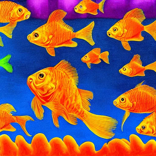 Image similar to hypercolorful goldfish in a confusing aquarium, surrealist drawing