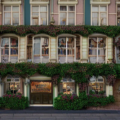 Image similar to charming mainstreet disneyland type building with ivy growing up it, octane render, hyperdetailed, photorealistic, natural light