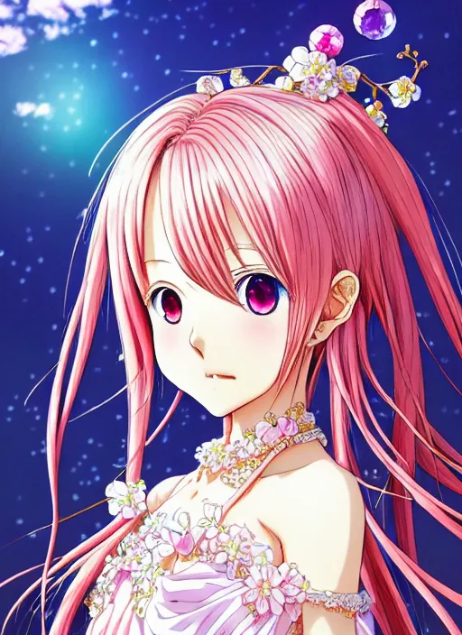 Prompt: japanese anime of a beautiful girl stand in the sunshine, pink hair, rococo dress, royally decorated crystal gemstones, symmetrical face, portrait, cute, fairy, by artgerm, takeshi obata, katsuhiro otomo, mai yoneyama, pixiv, detailed background, artstation, intricate, elegant, highly detailed, colorful, maximalist