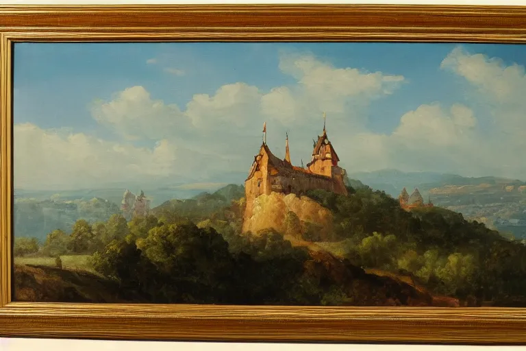 Image similar to a landscape painting of a german castle on the cliff