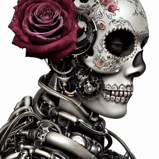 Prompt: a beautiful intricate fine art portrait photo of a a mechanical industrial steampunk cybernetic robot with sugar skull makeup, by tom bagshaw and zach sutton, roses surrounding the robot, perfection!, milk bath photography, studio lighting, 35mm lens, very detailed, bionic, cybernetic scifi, deep depth of field, artstation, 8K, highly coherent