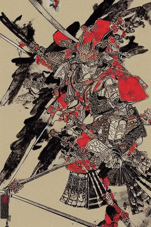 Image similar to elegant illustration of samurai warfare by Yoshitaka Amano