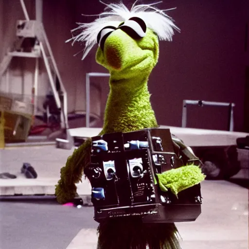 Prompt: the muppet gonzo in a bomb diffusion suit defusing a bomb. action movie scene photograph.