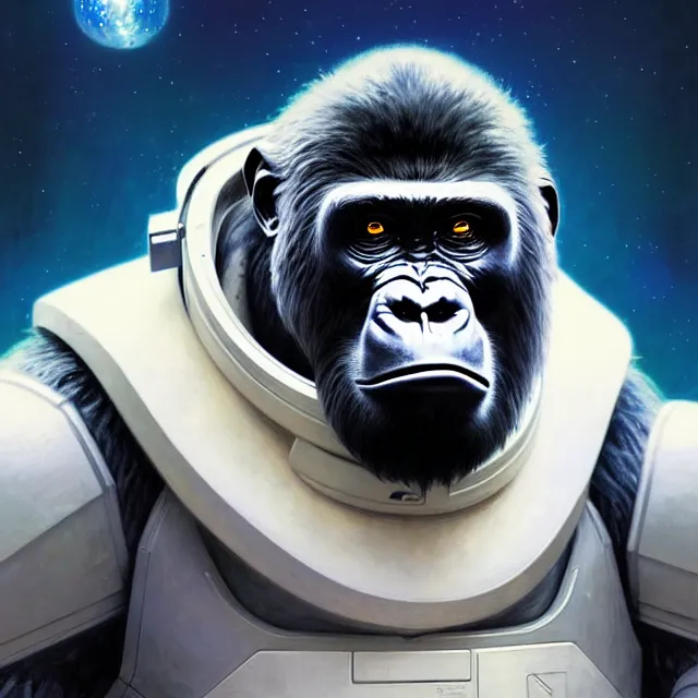 Image similar to a highly detailed science-fiction character portrait of a serious gorilla wearing a white armored space suit, intricate, wild, digital painting, artstation, concept art, smooth, sharp focus, illustration, art by artgerm and greg rutkowski and alphonse mucha