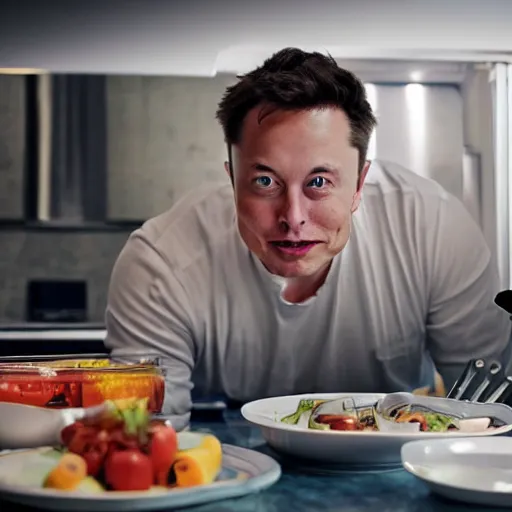 Prompt: picture of elon musk with blue eyes watching tv while cooking a meal, good lighted photo, sharp details, detailed, hd, hdr