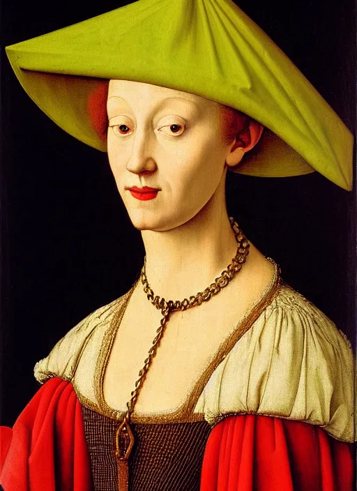 Image similar to portrait young woman young woman in renaissance dress and hat, art by jan van eyck,