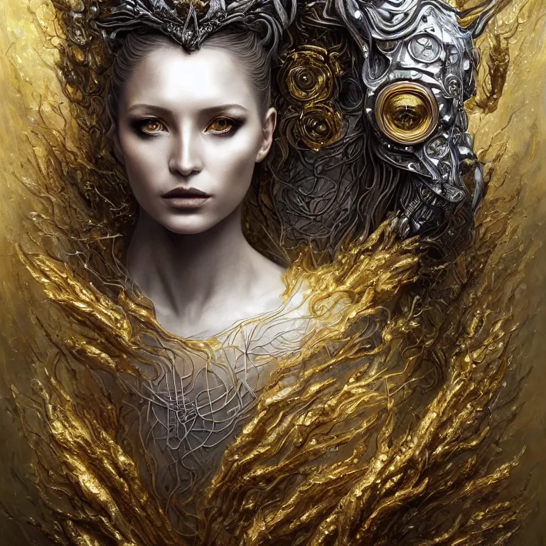 Prompt: silver and golden nature elements, single face portrait. complex hyper-maximalist overdetailed beautiful but terrifying, cinematic cosmic scifi portrait of an elegant very attractive but wild and dangerous witch antropomorphic female warrior god by andrei riabovitchev, tomasz alen kopera, oleksandra shchaslyva alex grey and bekinski. Fantastic realism. Extremely ornated with laced bone, branches with big thornes and green poisonous steam. Volumetric soft green and red lights. Omnious intricate. Secessionist style ornated portrait illustration. Poison goddes. Slightly influenced by giger. Zerg human hybrid goddes. Unreal engine 5. Focus on face. Artstation. Deviantart. 8k 4k 64megapixel. Cosmic horror style. Rendered by binx.ly. coherent, hyperrealistic, lifelike textures and only one face on the image.