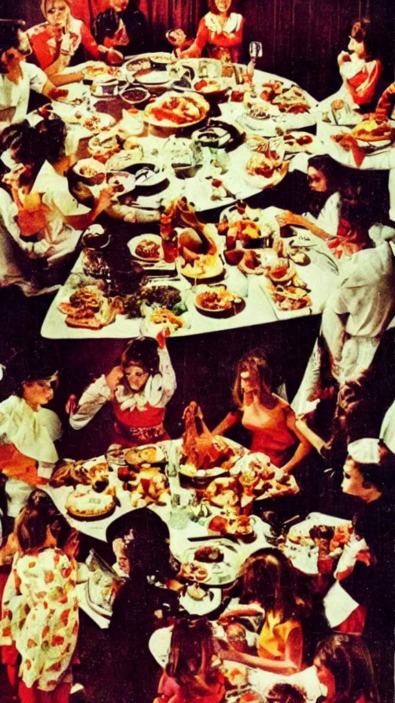 Prompt: occult satanic food ritual, 1 9 6 0 s food magazine photo, kodachrome