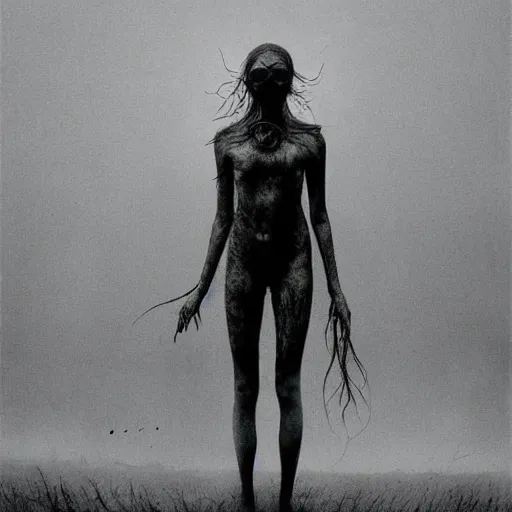 Image similar to elle fanning in prey in style of zdzisław beksinski, standing in wasteland, horror art, creepy, desolate,