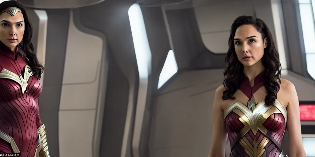 Image similar to Gal Gadot, in full starfleet uniform, is the captain of the starship Enterprise in the new Star Trek movie