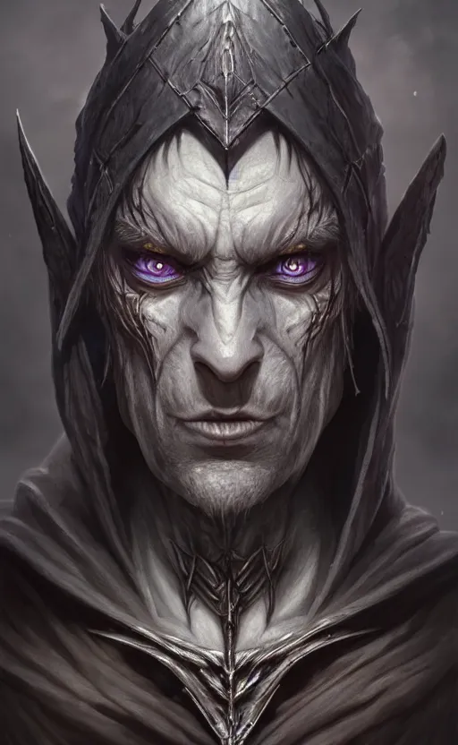 Image similar to legendary creepy dark elf wizard, highly detailed, d & d, fantasy, highly detailed, digital painting, trending on artstation, concept art, sharp focus, illustration, global illumination, ray tracing, realistic shaded, art by artgerm and greg rutkowski and fuji choko and viktoria gavrilenko and hoang lap