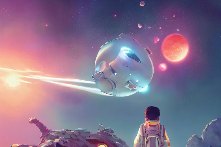 Image similar to astroneer chasing a distant spaceship Anime, wide angle, fine details, cinematic. galaxy starscape. realistic shaded lighting by Ilya Kuvshinov Giuseppe Dangelico Pino and Michael Garmash and Rob Rey greg rutkowski, octane render, IAMAG premiere, aaaa achievement collection, elegant freckles, cinematic hologram, fabulous, daily deviation, annual award winner