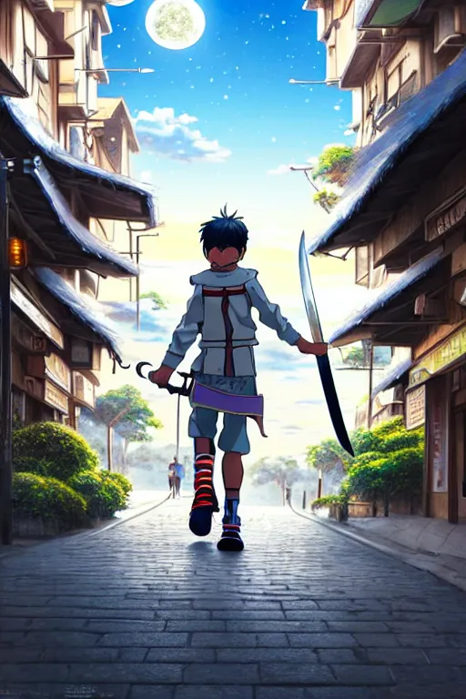 Image similar to ultra detailed keyart of sci - fy movie, a boy carrying a sword in his back is riding a simple bycycle in the main street of isekai shinjuku