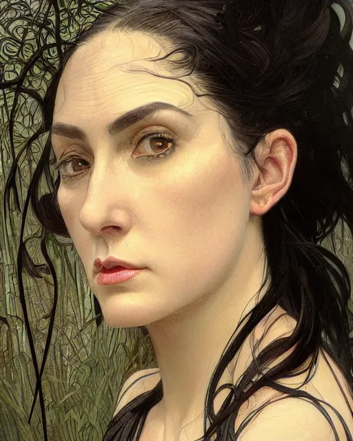 Image similar to portrait of a tall 4 0 - year - old woman with thin lips, long, lush unkempt black hair, and thick eyebrows, wearing in black clothes, hyper realistic face, beautiful eyes, close up, fantasy art, in the style of greg rutkowski, intricate, alphonse mucha, hyper detailed, smooth