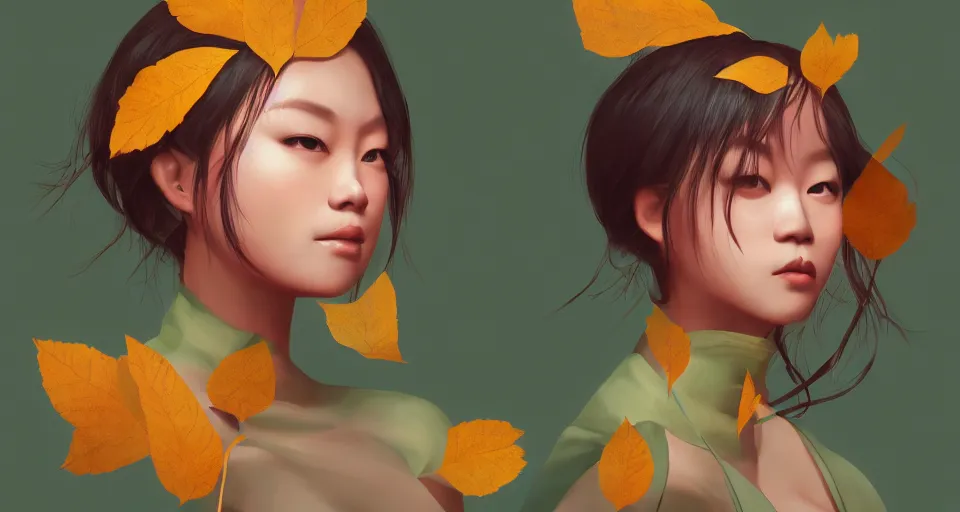 Image similar to asian female wearing leaf costume, contrast lightning, rough dark background, art by dannylailai on artstation, by hsiao ron cheng