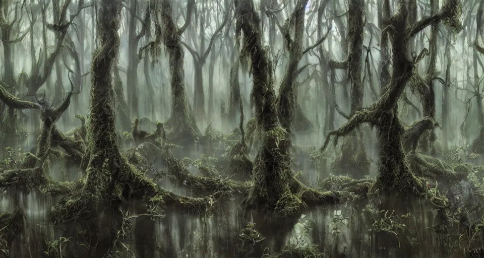 Image similar to A dense and dark enchanted forest with a swamp, by Rob Hefferan