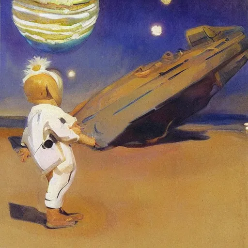 Prompt: Liminal space in outer space with cute curious creatures by Joaquín Sorolla