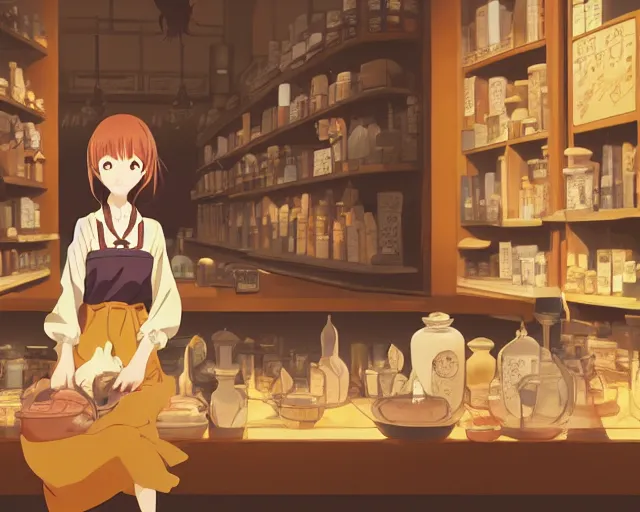 Image similar to anime visual, portrait of a young female traveler in a alchemist's shop interior, cute face by yoh yoshinari, katsura masakazu, studio lighting, dynamic pose, dynamic perspective, strong silhouette, anime cels, ilya kuvshinov, cel shaded, crisp and sharp, rounded eyes, moody, cold colors