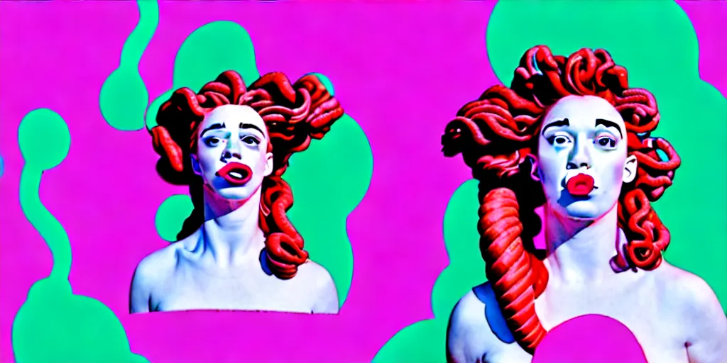 Image similar to modern sculpture, young woman as medusa as miranda sings, multiple poses, vaporwave, distorted vhs still