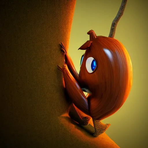 Prompt: anthropomorphic acorn criminal, sitting in a tree, photorealistic, 3 d model, unreal engine, octane render, ultra quality, eerie lighting, dynamic shadows, 4 k