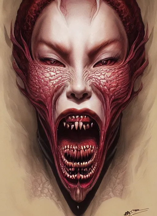 Prompt: a hyper detailed face portrait of the queen of blades smiling, diablo 4 lilith, by yusuke murata, by hiroya oku, by dorian cleavenger, by tom bagshaw, by zdzisław beksinski, trending on artstation