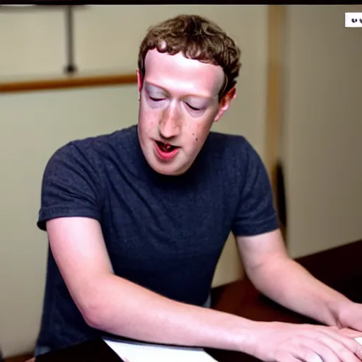 Image similar to mark zuckerberg pealing off his skin with him own hands to reveal the horrid thing underneath, drawn by a child