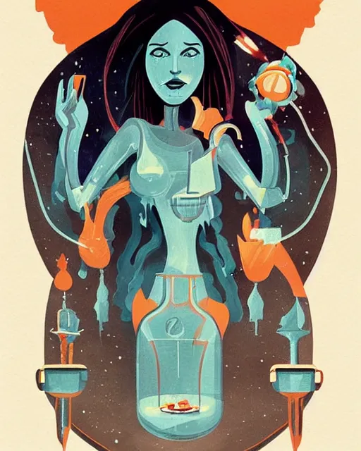 Image similar to retro dark vintage sci - fi. 2 d matte dark gouache illustration in a mystical style. a woman in a river holding two vases. symmetrical face.