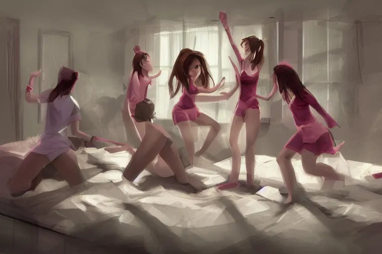 Prompt: pillow fight in the girls dormitory, concept art, by Victor Prezio and Robert Maguire, cinematic, humorous, sexy