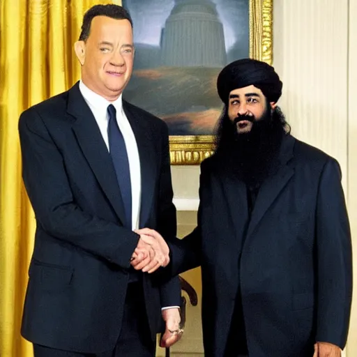 Image similar to Tom Hanks shakes hands with Osama Bin Laden at the White House