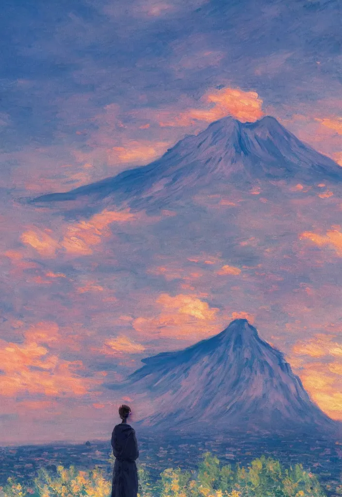 Image similar to tiny god in front of a japanese city in the mountain. cyberpunk. beautiful blue sky. gorgeous epic nature, lofi, vivid colors, amazing light, by jeremy lipkin, by claude monet, heavily inspired by makoto shinkai, inspired by ghibli, masterpiece, multiple brush strokes, impressionist style