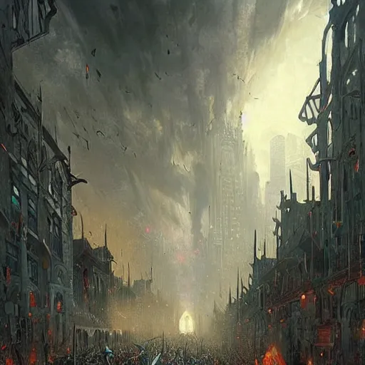 Image similar to a hoard of the dead about to take over a modern city, ultra detailed, fantasy illustration, by greg rutkowski