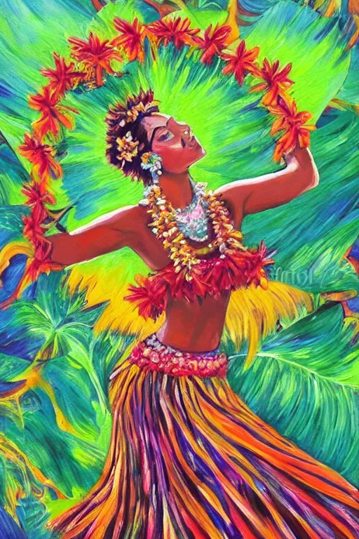 Image similar to authentic acrylic painting of hawaiian hula dancer, high detail, beautiful background, hawaiian postcard style