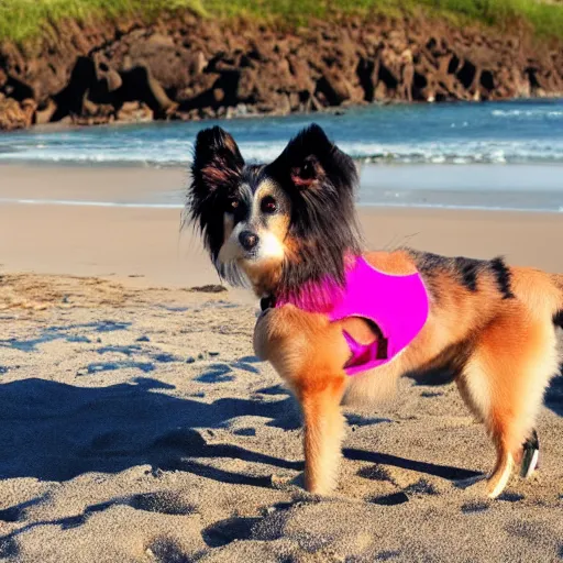 Prompt: dog wearing a bikini at the beach, very cool