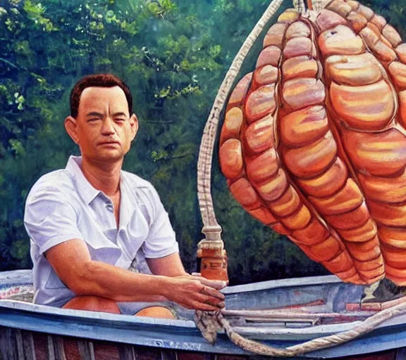 Image similar to Tom hanks as forrest gump sitting in a giant shrimp boat, majestic beautiful world, realism painting, amazing detail