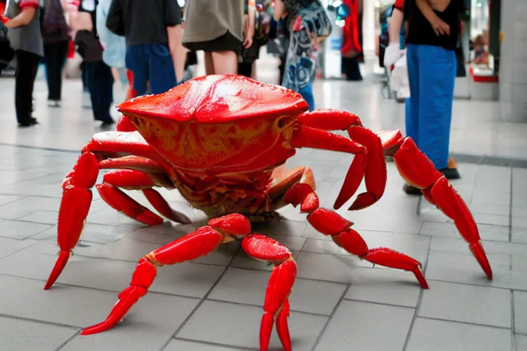 Prompt: a cosplayer cosplaying as a cute crab, in 2 0 0 2, at a mall, street style, royalcore, low - light photograph, photography by tyler mitchell