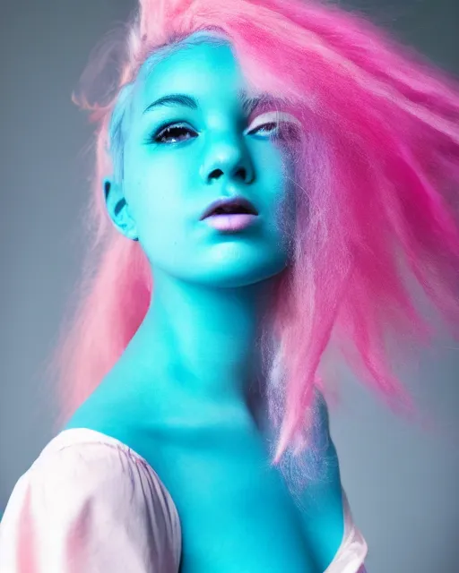 Image similar to a dramatic lighting photo of a beautiful young woman with cotton candy hair. with a little bit of cyan and pink