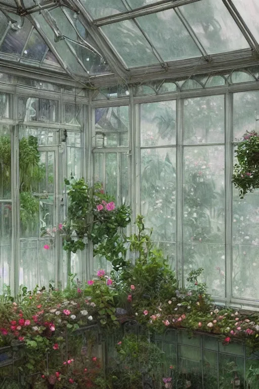 Image similar to a beautiful painting of a greenhouse, beside the window, rainy, downpour, gloomy and depressed, dark, low saturation, rococo, by krenz cushart and mucha and monet, trending on artstation.