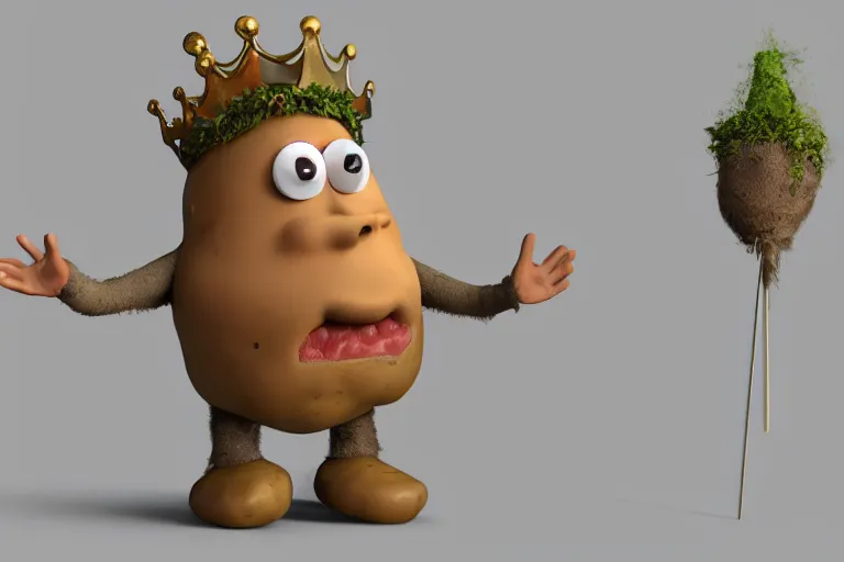 Image similar to the potato king which is a potato appears before the large crowd of his subjects in all his glory wearing his crown, concept art, blender, glossy googly eyes, realistic dirt.