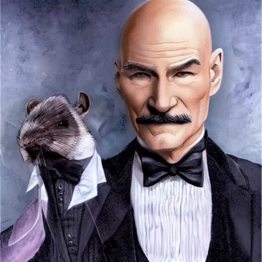 Prompt: older fantasy butler that looks similar to michael kane and patrick stewart, full body portrait, handsome, well groomed mustache, detailed, magic the gathering art style, balding, well dressed, pet rat on shoulder