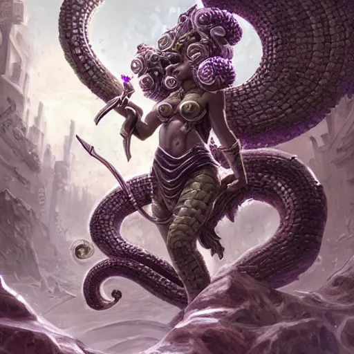 Image similar to torquoise armored medusa holding a spear, snake hair, snake hair, snake hair, medusa, medusa!, pillars background with ruined and statues, fantasy game art, fantasy rpg, league of legends