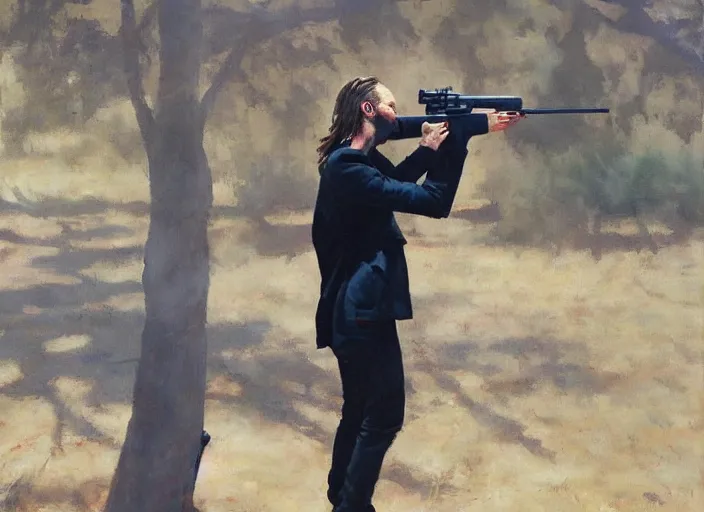 Prompt: a highly detailed beautiful portrait of thom yorke shooting a gun, by gregory manchess, james gurney, james jean