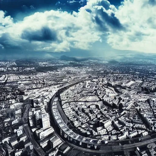 Image similar to a big modern city on top of a mountain has a great circular brick wall surrounding in clouds, hyper realistic, cinematic