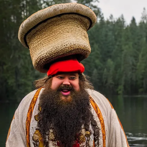 Prompt: a hyper realistic high definition 3 5 mm nature photograph of an overweight bearded wizard. he is wearing a ceremonial outfit made of finely embroidered robes and a large mushroom hat. he is sniffing a robust red mushroom and smiling. natural light and river setting. dynamic composition and volumetric lighting.