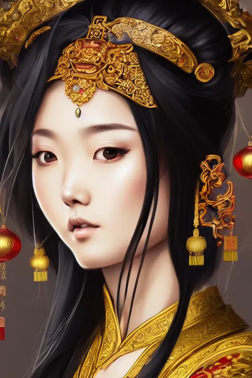 Image similar to a lovely and shiny young empress of qing dynasty, face by artgerm, ross tran, fuji choko, loish, 8 k resolution, attractive, symmetrical portrait, beautifully detailed landscape of ruin, trending on pixiv and pinterest, charming black eyes, luxury, perfect face, smooth, dreamlike