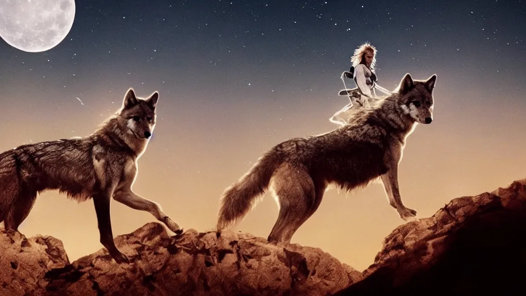 Image similar to epic cinematography of a close up of David Bowie riding a (wolf) at night, while on top of a large cliff with the full moon in the background