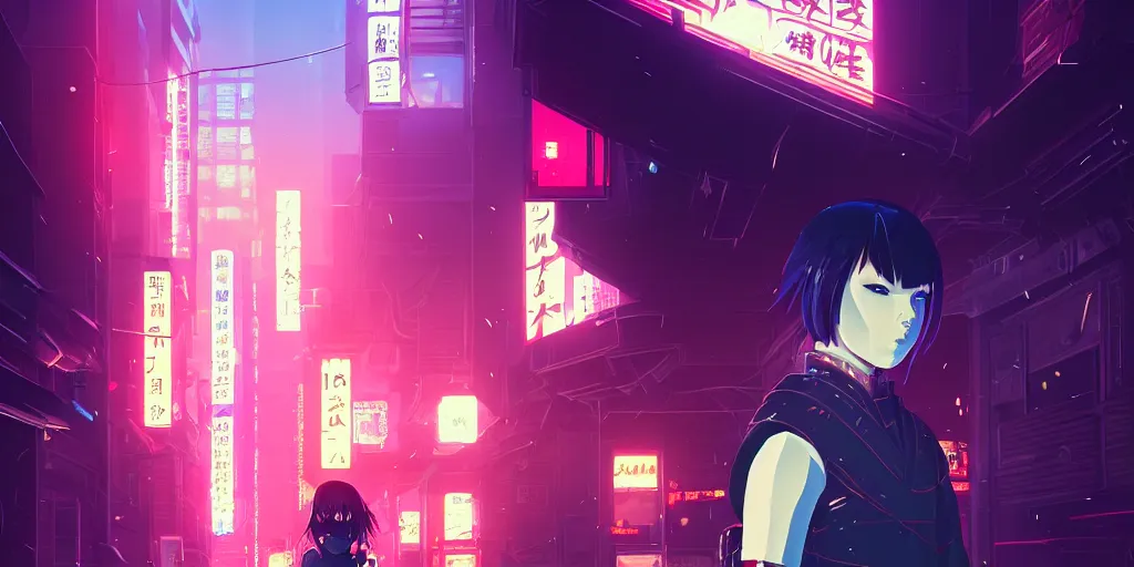 Image similar to digital illustration closeup portrait of cyberpunk samurai in city street at night by makoto shinkai, ilya kuvshinov, lois van baarle, rossdraws, basquiat | afrofuturism, in the style of hearthstone, trending on artstation | cool color scheme