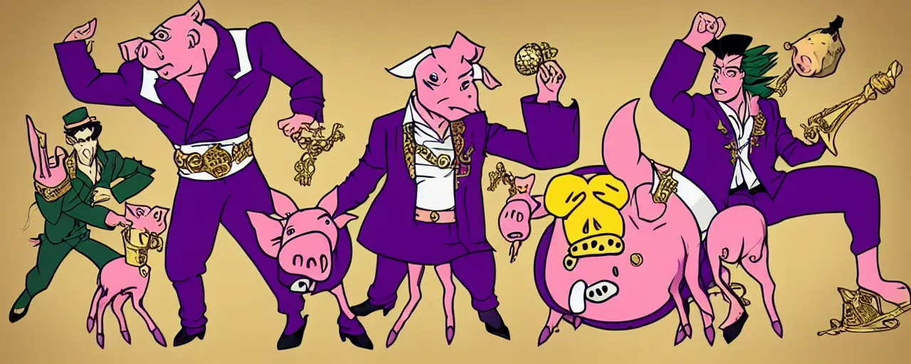 Prompt: king with pig head on a thrown style of JoJo’s bizarre adventure. Award winning. Cel animation