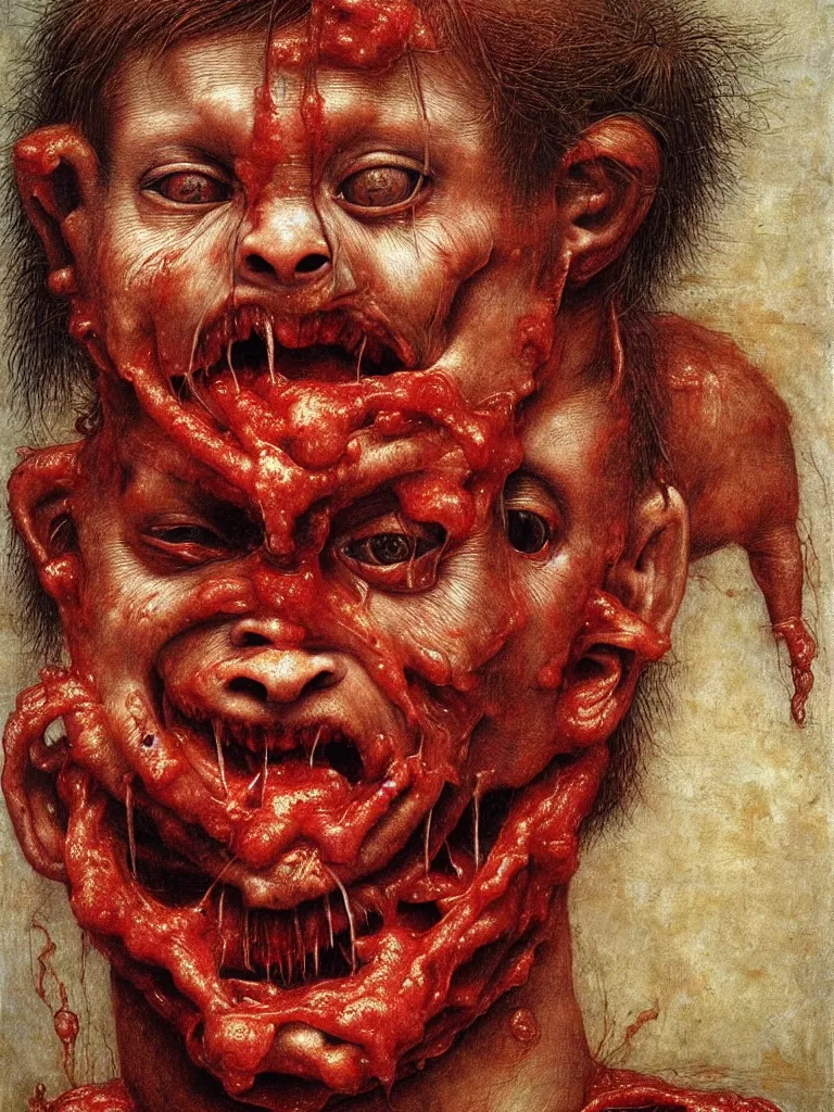 Prompt: half boy half rhino made of spaghetti and tomato sauce, looking straight into camera, screaming in pain, by giuseppe arcimboldo and ambrosius benson, renaissance, fruit, intricate and intense oil paint, a touch of beksinski and hr giger and edward munch, realistic