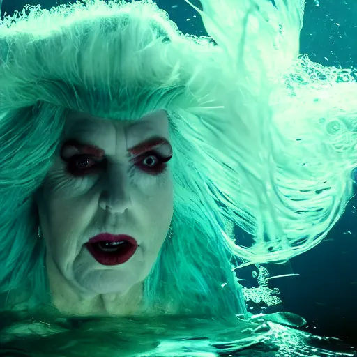 Image similar to Trump as Ursula the sea witch underwater, 8k, professional photography, cinematic shot, dark, smoke