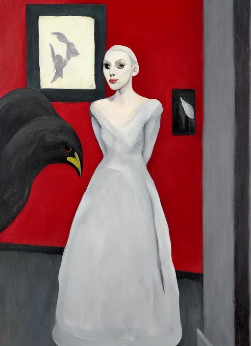 Prompt: a painting of AnnaSophia Robb, frozen cold stare, blood red background, transparent gray dress, crows as a symbol of death, in style of Edward Hopper, John Singer Sargant, Chaim Soutine, surrealism of Francis Bacon, American Gothic, 8k, ultradetailed